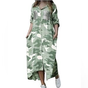 Camouflage Shirt Dress with Sequin Pockets